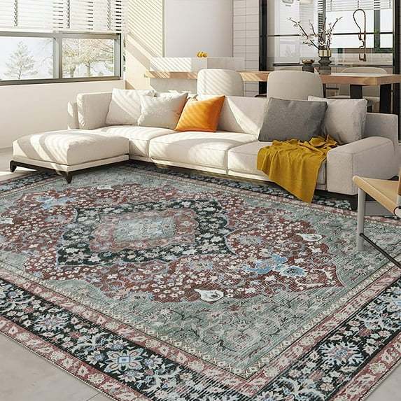 HOMERRY Foldable Area Rug 5' x 7' Washable Floral Geometric Rug Anti-Slip Backing Rugs for Living Room, Red/Black