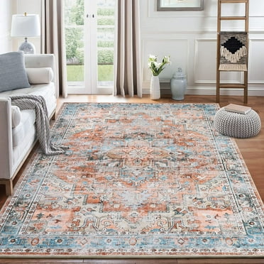 HOMERRY Foldable Area Rug 5' x 7' Washable Floral Geometric Rug Anti-Slip Backing Rugs for Living Room, Red/Orange