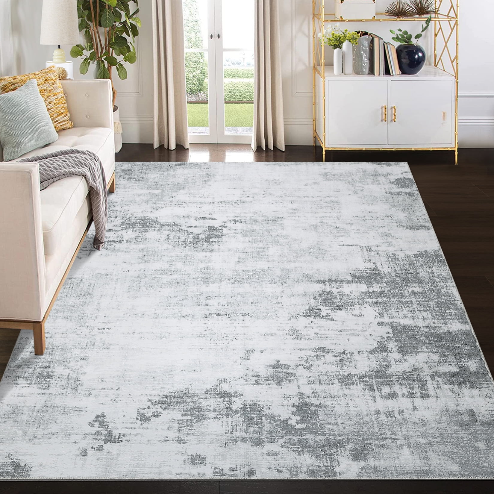 Gray Abstract 5' x 7' Machine Washable Area Rug