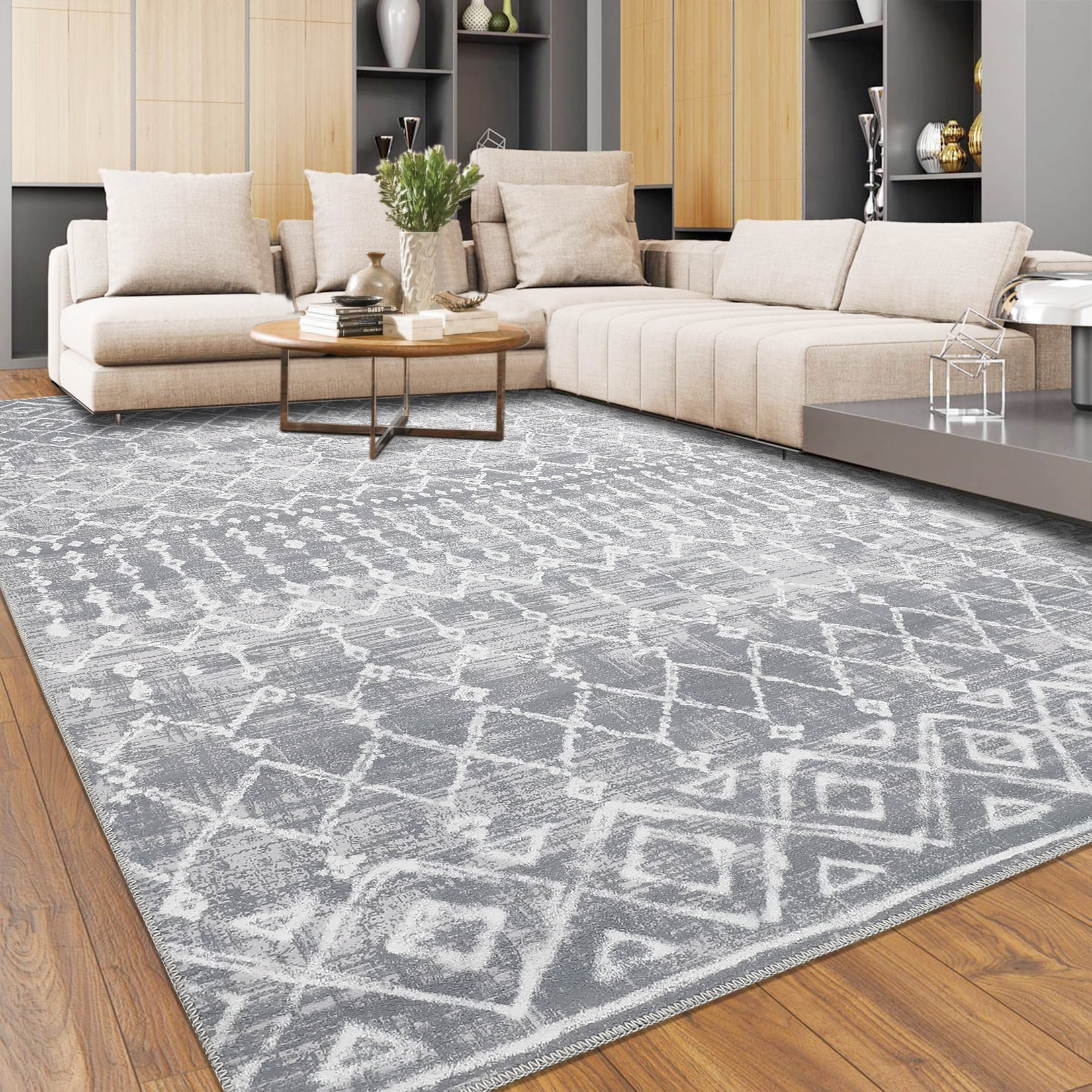 Gray Geometric Chenille 5' x 7' Washable Area Rug