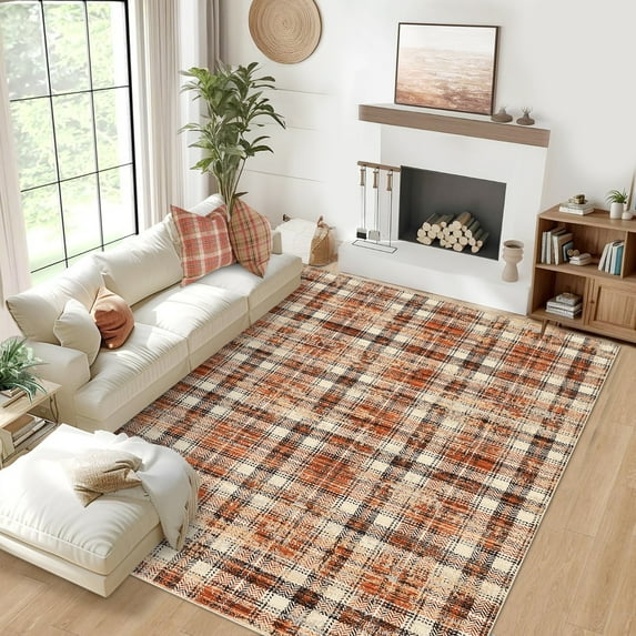 HOMERRY Foldable Area Rug 5' x 7' Washable Plaid Geometric Rug for Living Room, Orange
