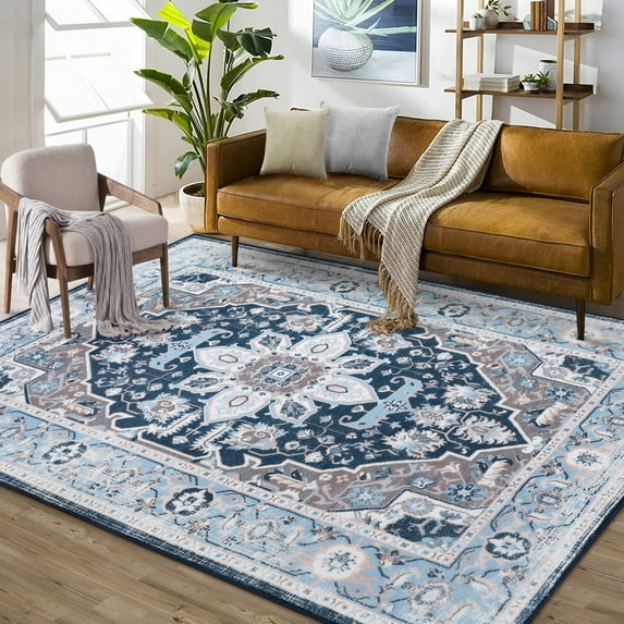 HOMERRY Foldable Area Rug 5' x 7' Washable Vintage Floral Print Rug for Living Room, Navy