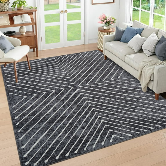 HOMERRY Foldable Area Rug 8' x 10' Washable Striped Geometric Rug Anti-Slip Backing Rugs for Living Room, Dark Gray