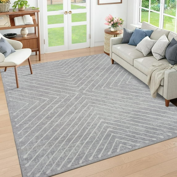 HOMERRY Foldable Area Rug 8' x 10' Washable Striped Geometric Rug Anti-Slip Backing Rugs for Living Room, Light Gray