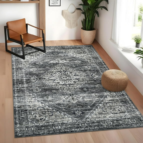HOMERRY Foldable Indoor Area Rug 5' x 7' Washable Distressed Boho Floral Rug for Living Room, Dark Gray