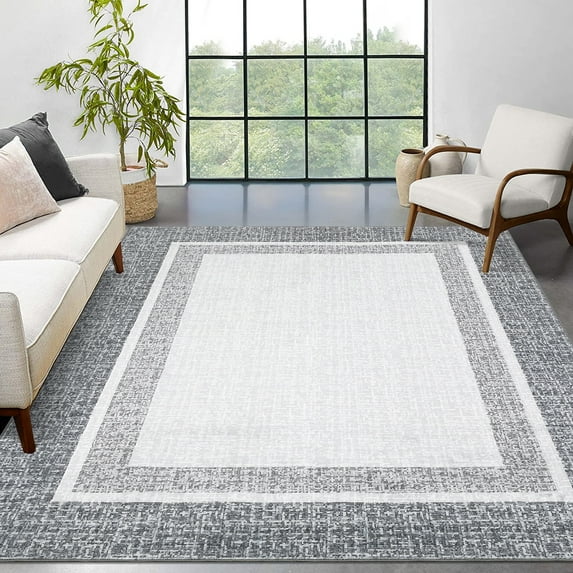 HOMERRY Geometric Border Non Slip Area Rug 8' x 10' for Living Room Washable Indoor Carpet, Gray