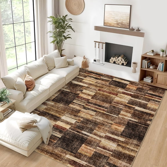 HOMERRY Geometric Plaid Non Slip Area Rug 8' x 10' for Living Room Washable Indoor Carpet, Brown