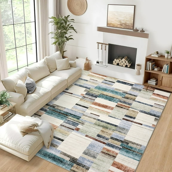 HOMERRY Geometric Plaid Non Slip Area Rug 8' x 10' for Living Room Washable Indoor Carpet, Teal Red