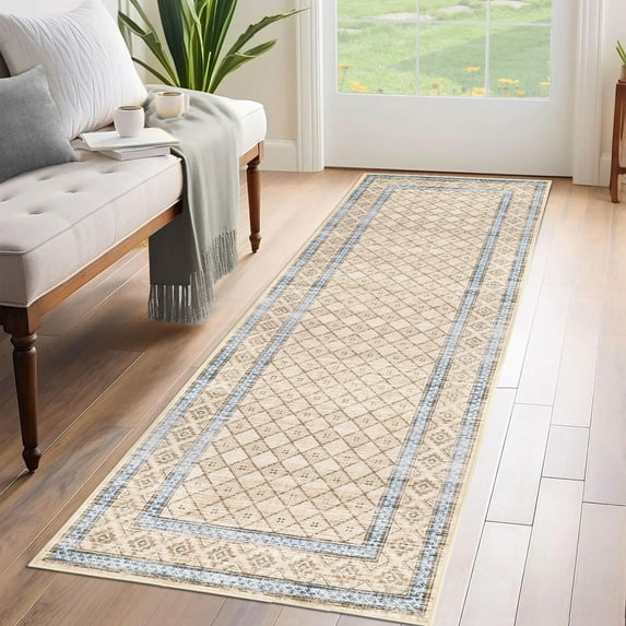 HOMERRY Geometric Plaid Runner 2' x 6' for Hallway Modern Washable Throw Rugs for Kitchen Indoor Carpet, Beige