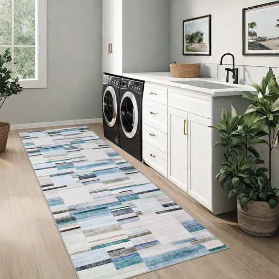 HOMERRY Geometric Plaid Runner 2' x 6' for Hallway Modern Washable Throw Rugs for Kitchen Indoor Carpet, Blue