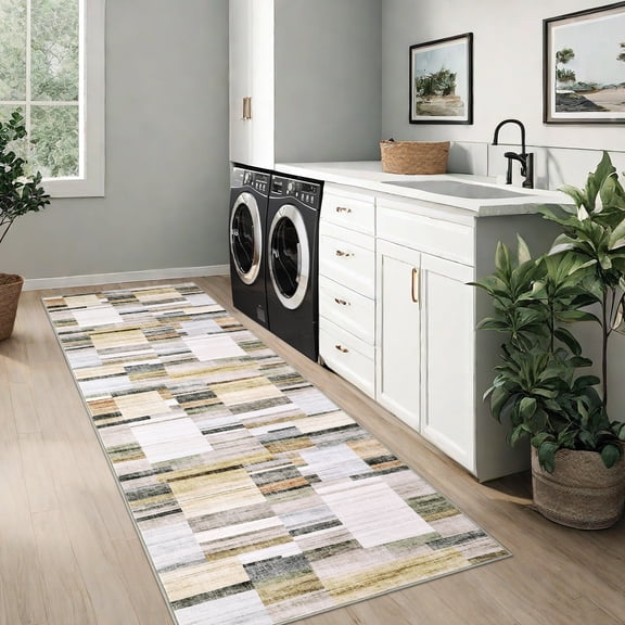 HOMERRY Geometric Plaid Runner 2' x 6' for Hallway Modern Washable Throw Rugs for Kitchen Indoor Carpet, Khaki