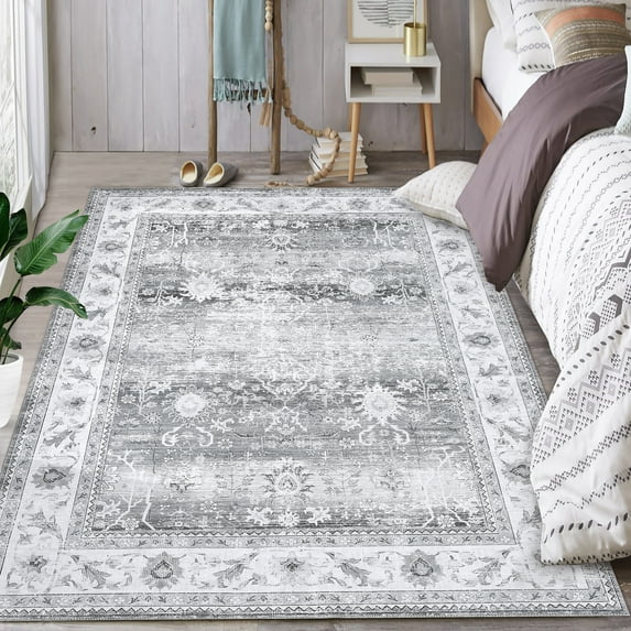 HOMERRY Gray Area Rug 4'x 6' Rug for Living Room Persian Antique Floral Printed Floor Mat for Bedroom Office Indoor Rug Aethetic Carpet