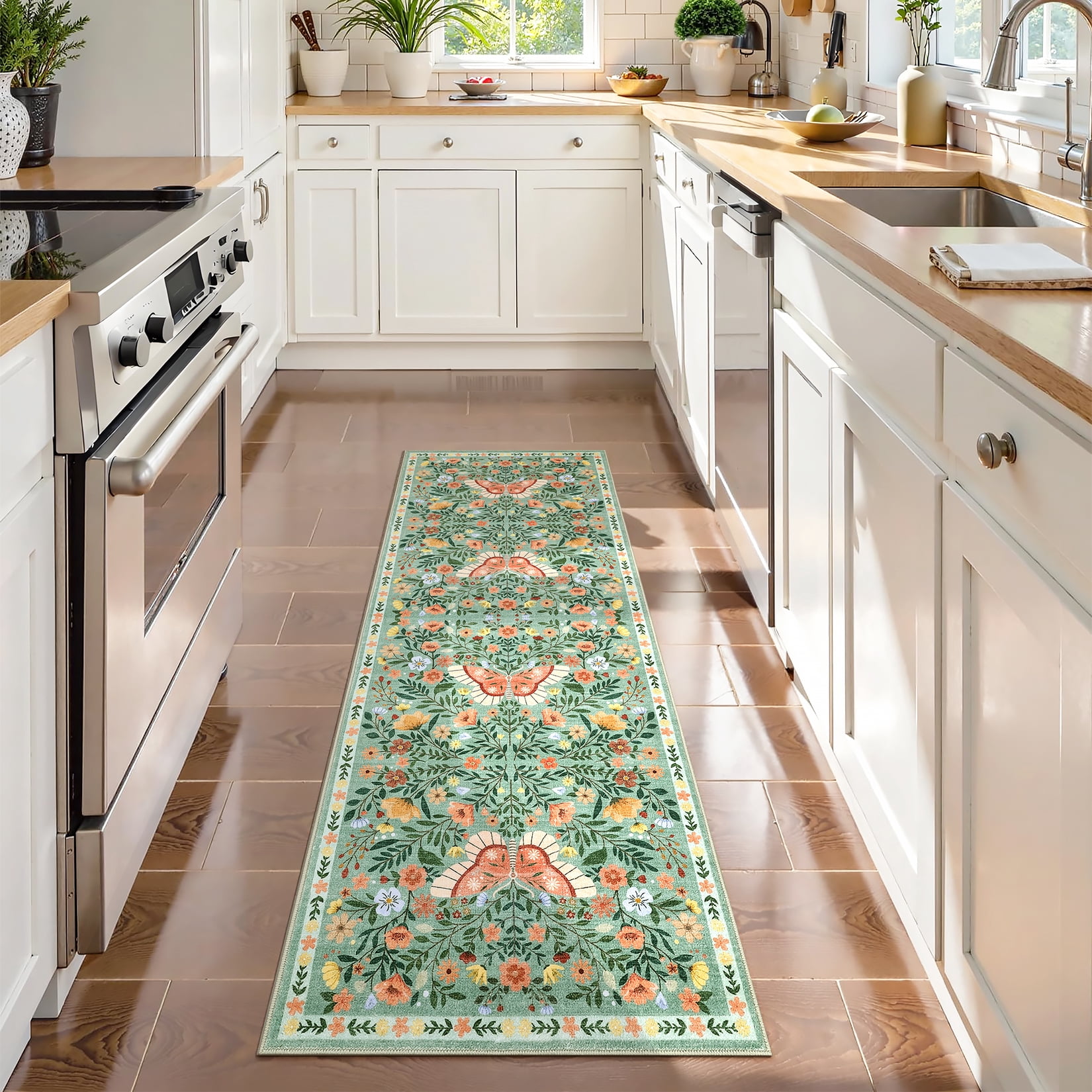 HOMERRY Green Floral Hallway Runner Rug 2x6 Washable Non Slip Throw Carpet