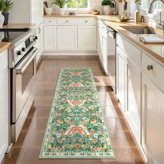 HOMERRY Green Floral Hallway Runner Rug 2x6 Washable Non Slip Throw Carpet