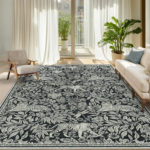 HOMERRY Indoor Area Rug 8' x 10' Washable Rug Large Modern Tiger Pattern Floor Cover Living Room Carpet, Black
