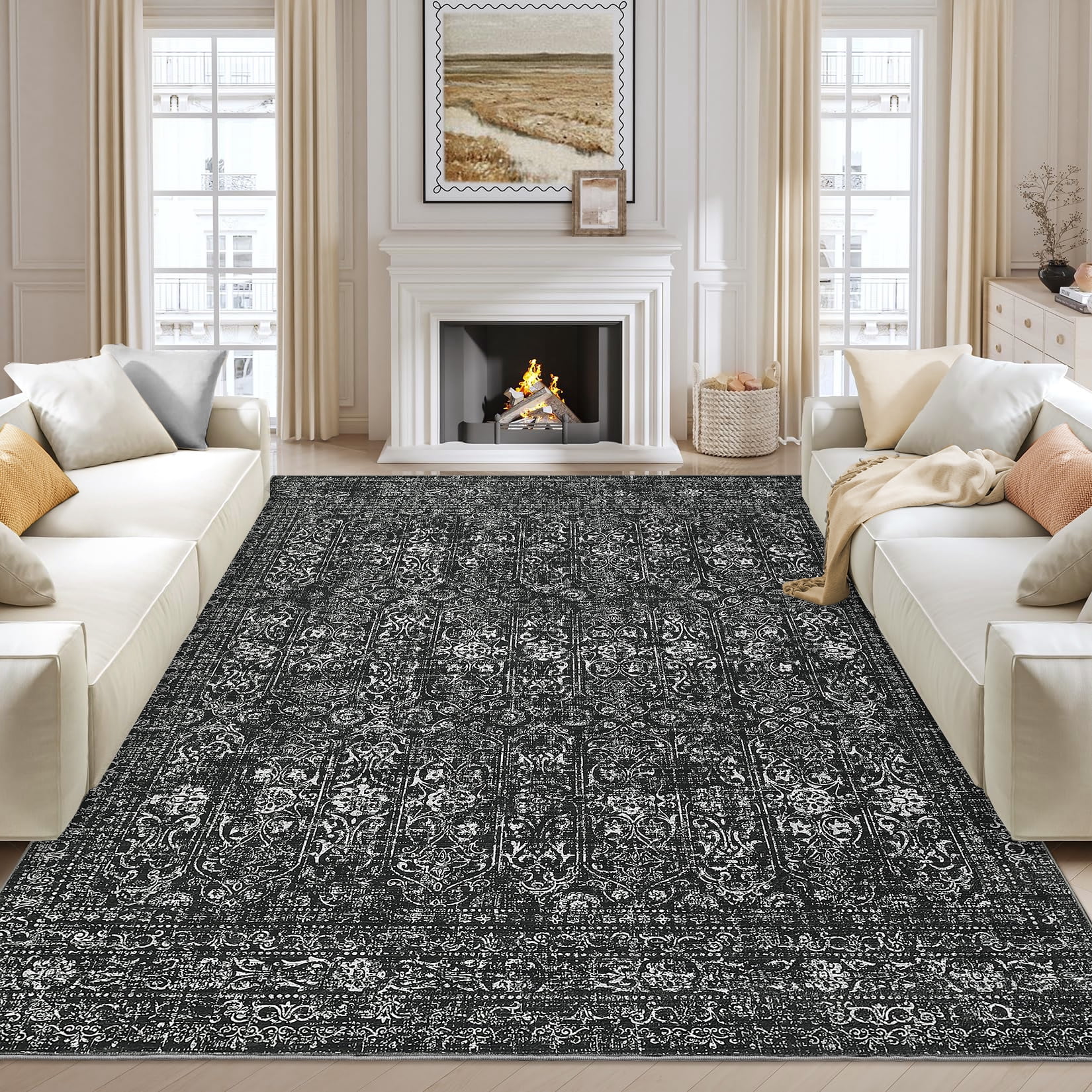 HOMERRY Indoor Rug 8' x 10' Area Rug for Living Room Vintage Floral Washable Bedroom Non-Slip Carpet for Home Decor, Black