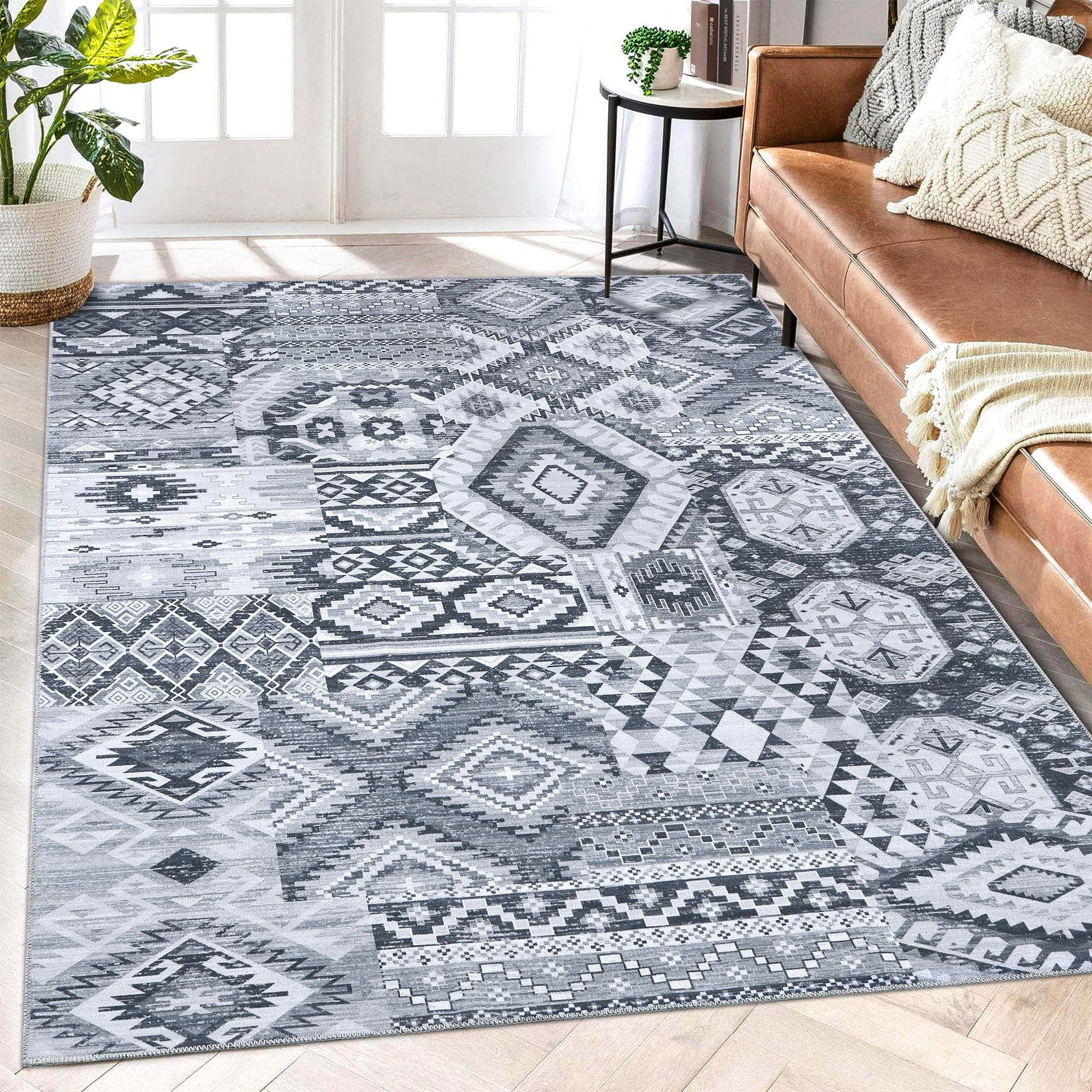 HOMERRY Indoor Washable 3' x 5' Area Rug Vintage Bohemian Patterns Rug for Living Room Non-Slip Floor Carpet for Bedroom, Gray