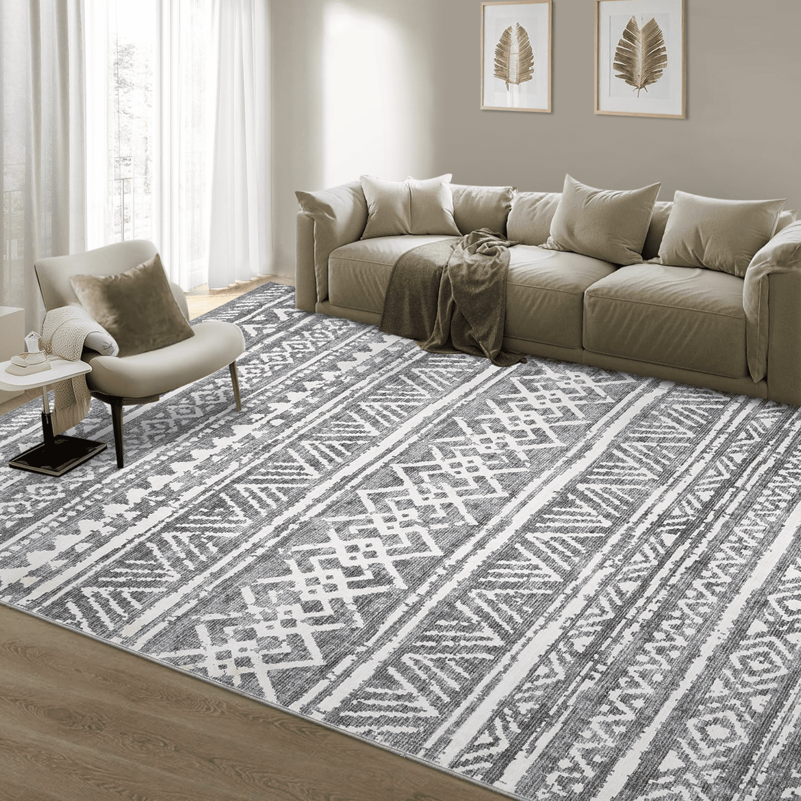 HOMERRY Indoor Washable 4' x 6' Area Rug Distressed Boho Carpet for Living Room, Gray