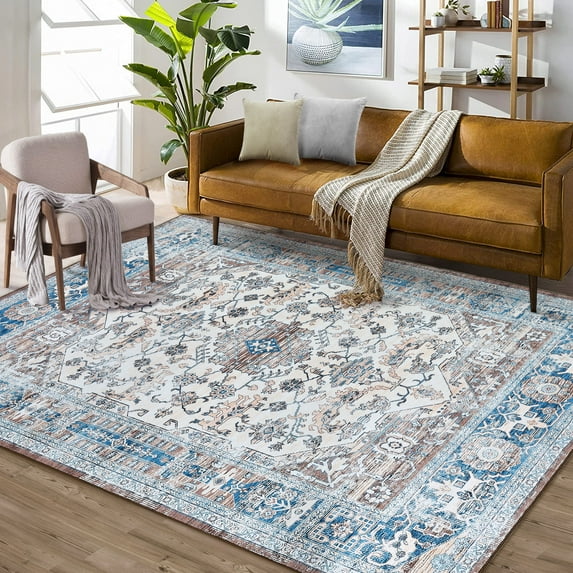 HOMERRY Indoor Washable 4' x 6' Area Rug Floral Geometric Rug for Living Room Non-Slip Floor Carpet for Bedroom, Beige/Blue