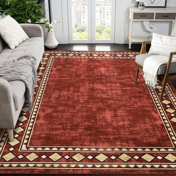 HOMERRY Indoor Washable 4' x 6' Area Rug Geometric Border Rug for Living Room Non-Slip Floor Carpet, Red
