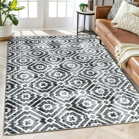 HOMERRY Indoor Washable 4' x 6' Area Rug Modern Moroccan Geometric Rug for Living Room Non-Slip Floor Carpet for Bedroom, Dark Gray