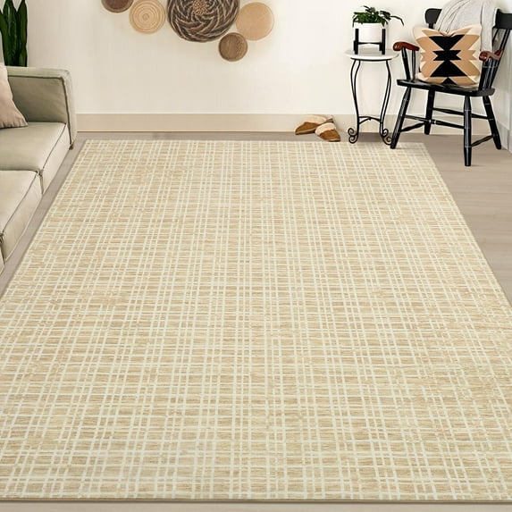 HOMERRY Indoor Washable 4' x 6' Area Rug Modern Plaid Rug for Living Room Non-Slip Floor Carpet for Bedroom, Yellow