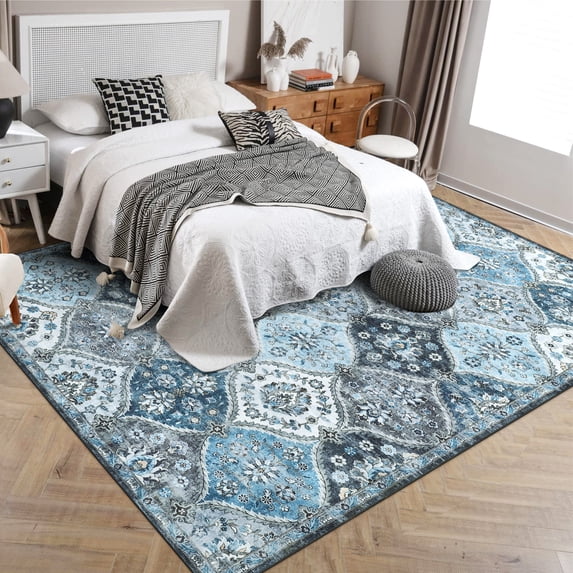 HOMERRY Indoor Washable 4' x 6' Area Rug Moroccan Trellis Floral Rug for Living Room Non-Slip Floor Carpet for Bedroom, Blue