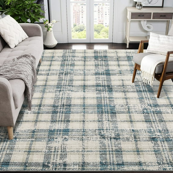HOMERRY Indoor Washable 4' x 6' Area Rug Plaid Geometric Rug for Living Room, Blue/Beige