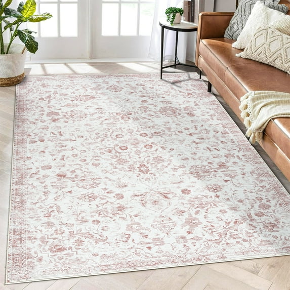 HOMERRY Indoor Washable 4' x 6' Area Rug Vintage Floral Rug for Living Room Non-Slip Floor Carpet for Bedroom, Pink