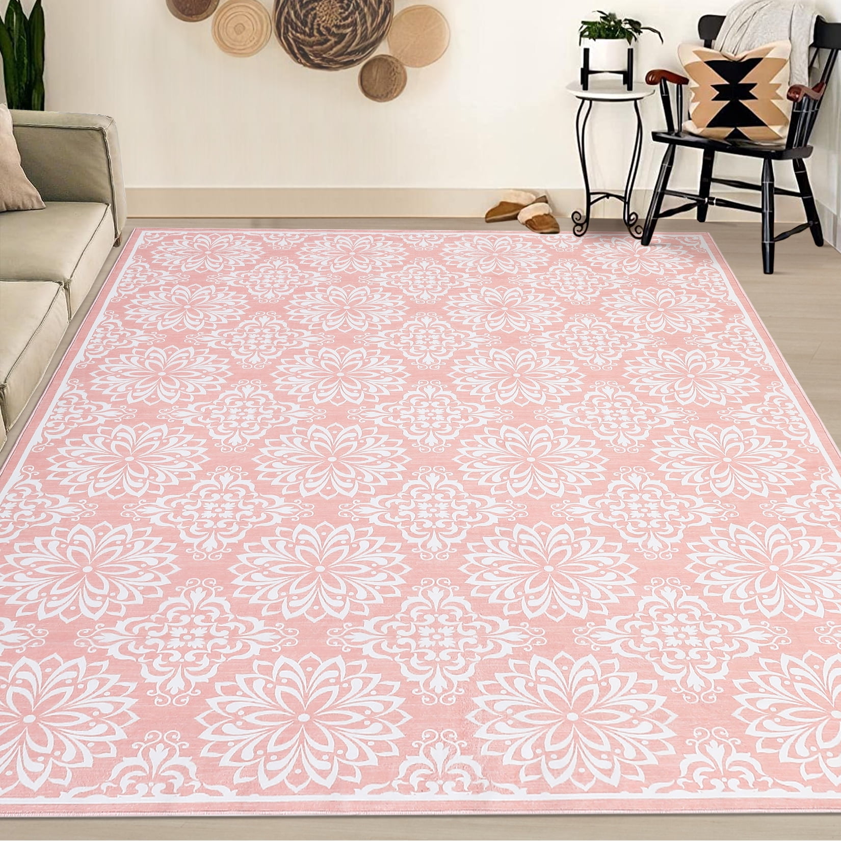 HOMERRY Indoor Washable 5' x 7' Area Rug Floral Rug for Living Room Non-Slip Floor Carpet for Bedroom, Pink
