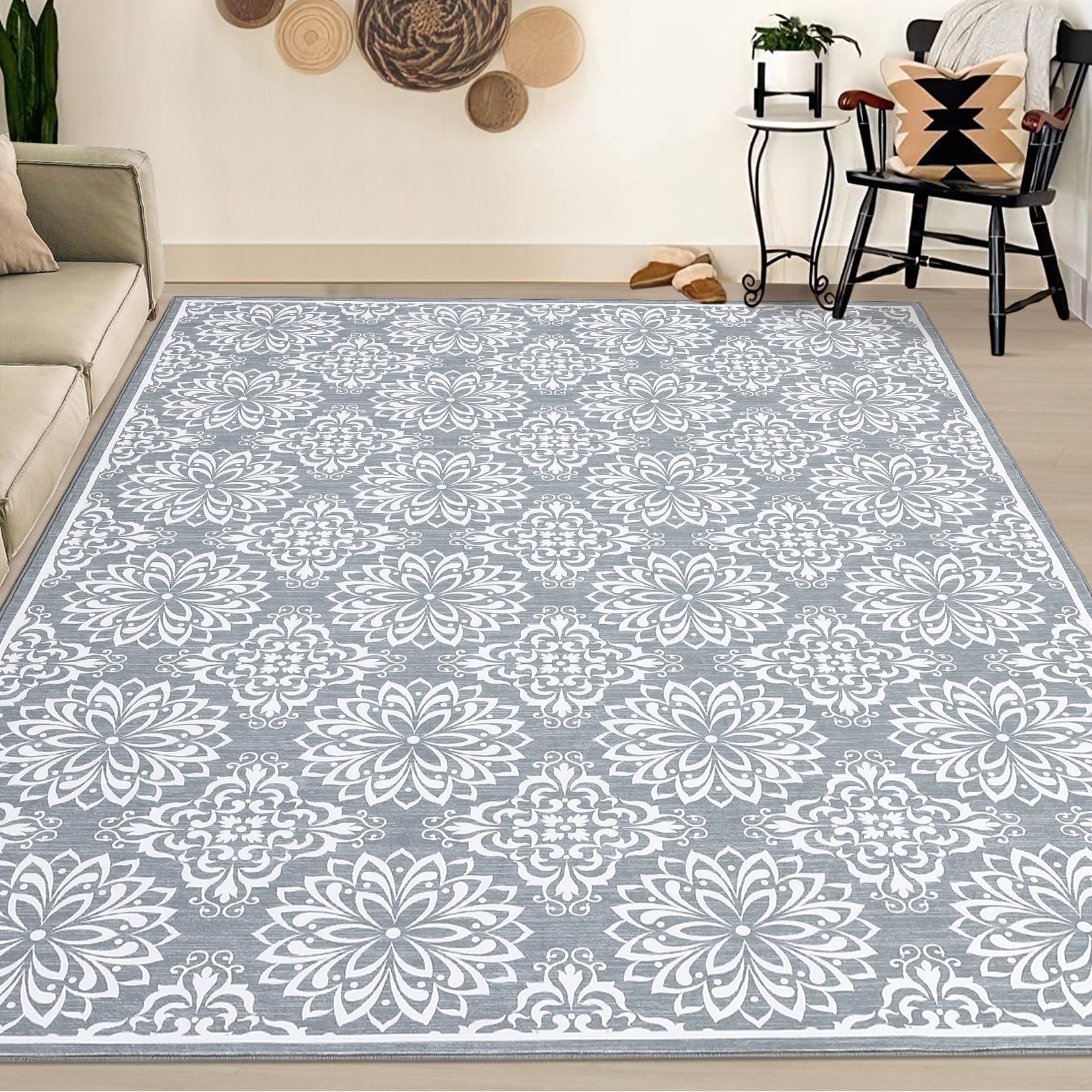 HOMERRY Indoor Washable 5' x 7' Area Rug Floral Rug for Living Room Non-Slip Floor Carpet for Bedroom, Pink