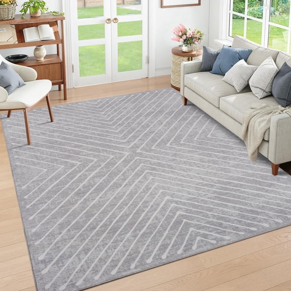HOMERRY Indoor Washable 5' x 7' Area Rug Striped Geometric Rug for Living Room Non-Slip Floor Carpet for Bedroom, Light Gray