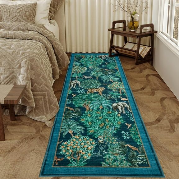HOMERRY Jungle Print Runner 2' x 6' for Hallway Modern Washable Throw Rugs for Kitchen Indoor Carpet, Blue