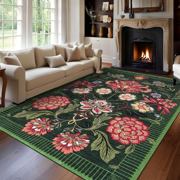 HOMERRY Lagre Washable 10' x 13' Area Rug for Living Room Modern Green Floral Pattern Indoor Carpet