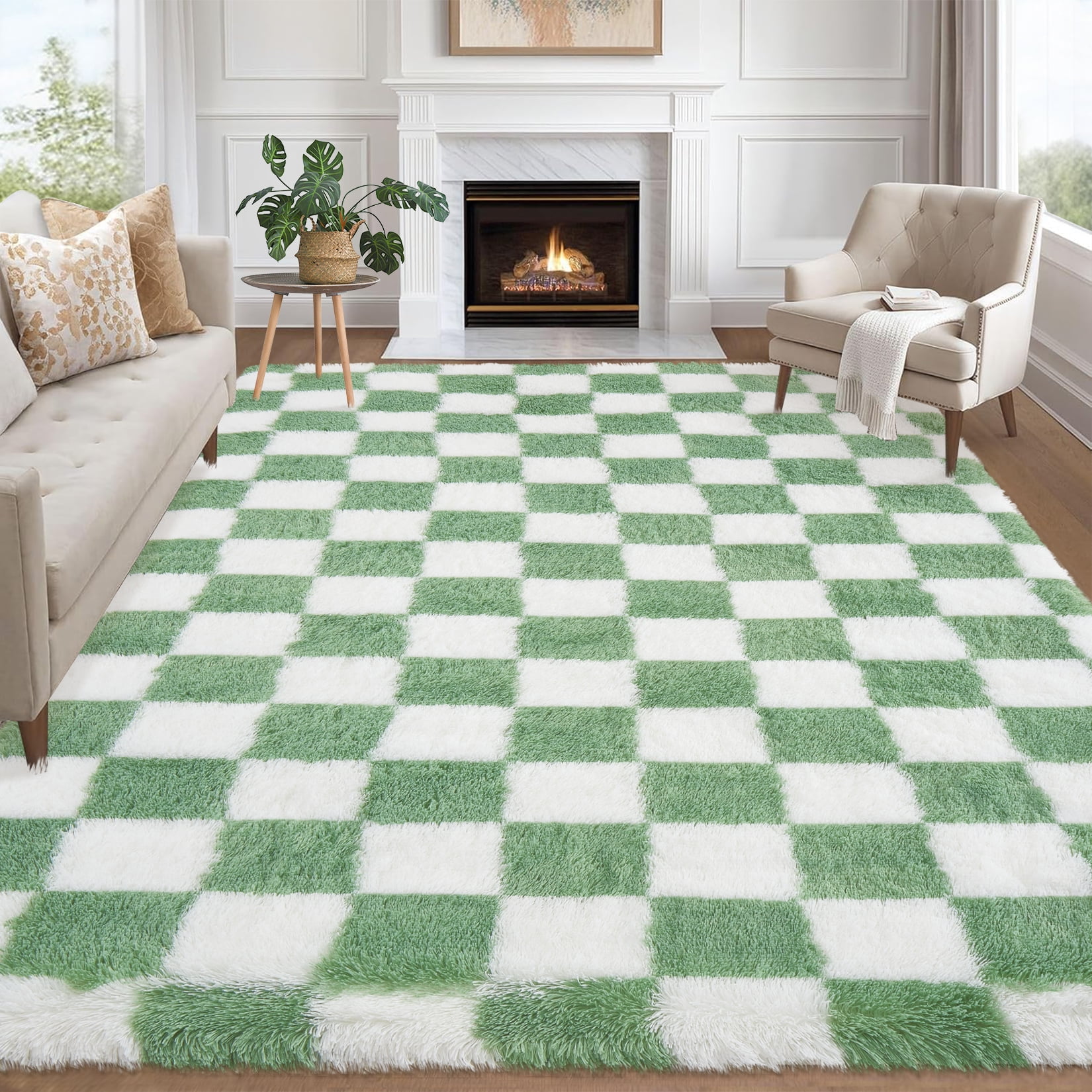 HOMERRY Large 10' x 13' Fluffy Area Rug for Living Room Geometric Check Shaggy Indoor Carpet Fuzzy High Pile Plush Floor Cover, Green White