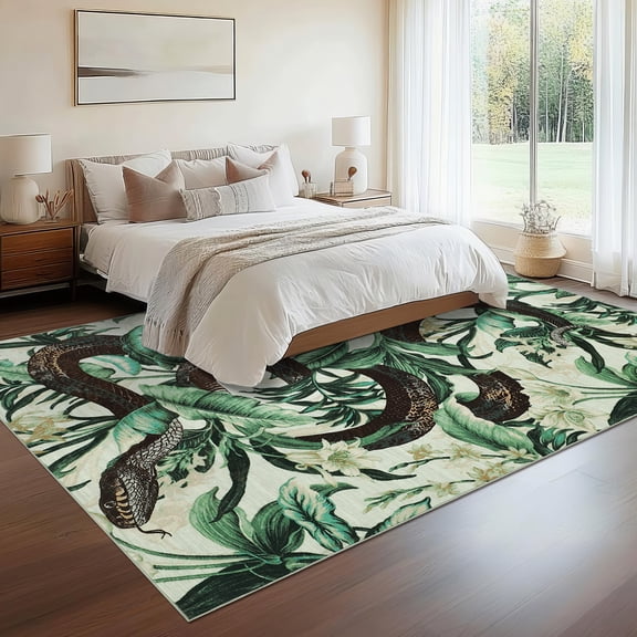 HOMERRY Large 9x12 Washable Living Room Rug Tropical Jungle Snake Throw Carpet with Non-Slip Backing, Beige/Green