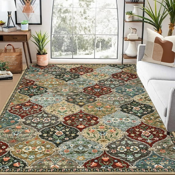 HOMERRY Large Area Rug 10' x 13' Rug for Living Room Washable Accent Floral Throw Floor Cover, Red/Brown