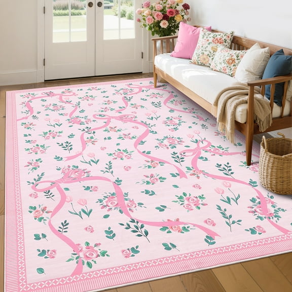 HOMERRY Large Bow Floral Print Non-Shedding Area Rug 10' x 13' for Living Room Washable Indoor Carpet, Pink