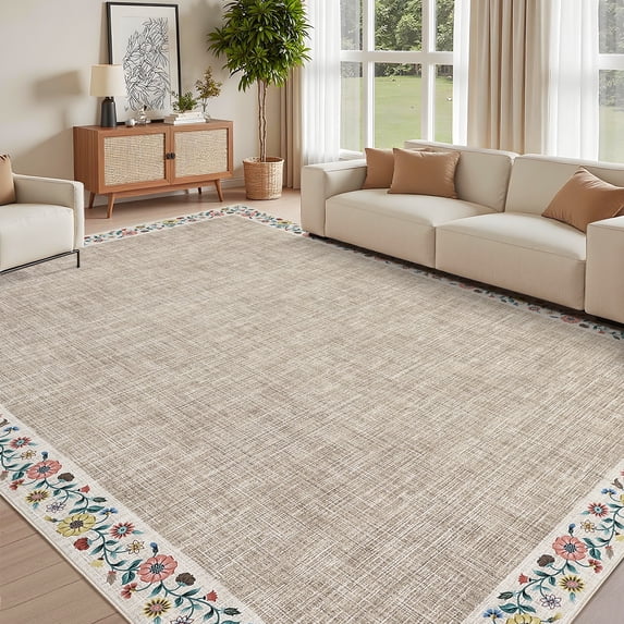 HOMERRY Large Floral Border Non-Shedding Area Rug 10' x 13' for Living Room Washable Indoor Carpet, Light Camel