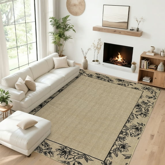 HOMERRY Large Floral Border Non-Shedding Area Rug 9' x 12' for Living Room Washable Indoor Carpet, Brown