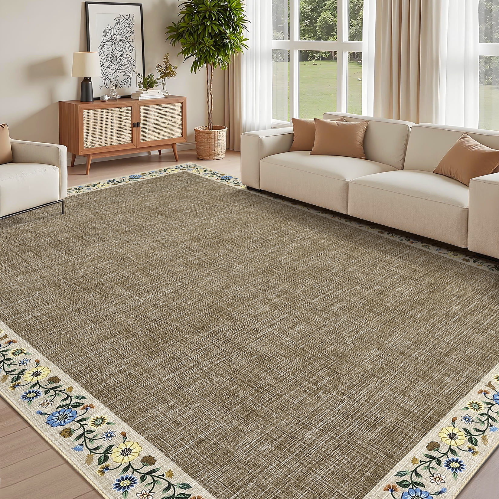 HOMERRY Large Floral Border Non-Shedding Area Rug 9' x 12' for Living Room Washable Indoor Carpet, Dark Camel