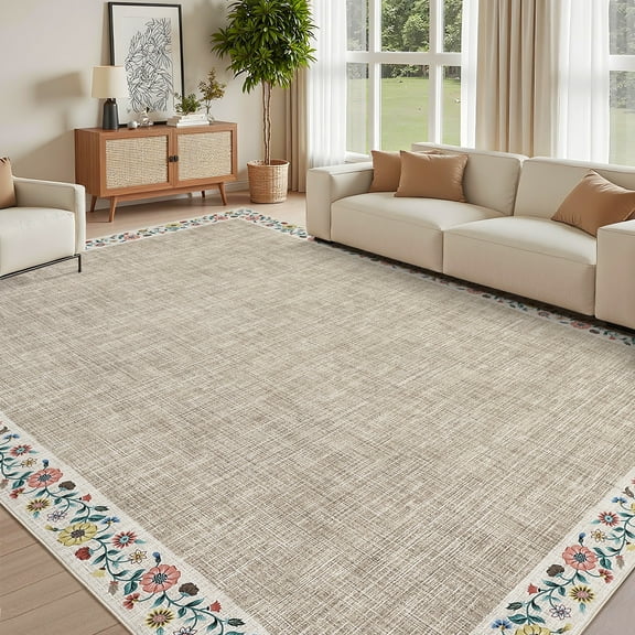 HOMERRY Large Floral Border Non-Shedding Area Rug 9' x 12' for Living Room Washable Indoor Carpet, Light Camel