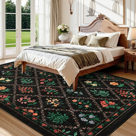 HOMERRY Large Floral Non-Shedding Area Rug 9' x 12' for Living Room Washable Indoor Carpet, Black