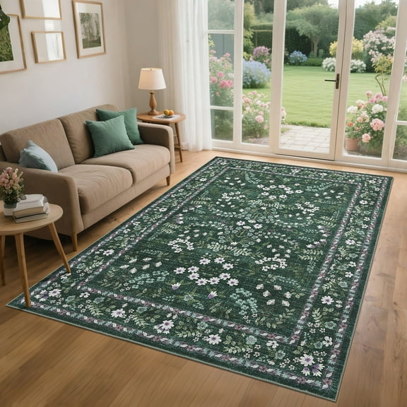 HOMERRY Large Floral Non-Shedding Area Rug 9' x 12' for Living Room Washable Indoor Carpet, Green