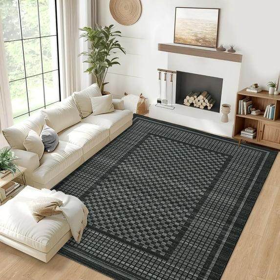 HOMERRY Large Geometric Plaid Non-Shedding Area Rug 10' x 13' for Living Room Washable Indoor Carpet, Black