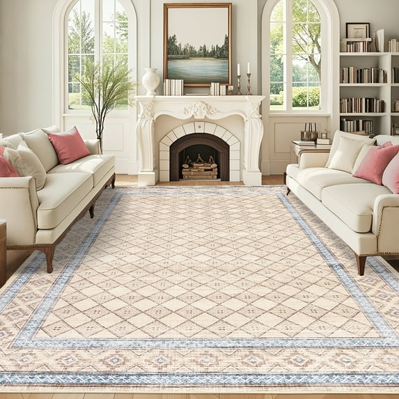 HOMERRY Large Geometric Plaid Non-Shedding Area Rug 9' x 12' for Living Room Washable Indoor Carpet, Beige