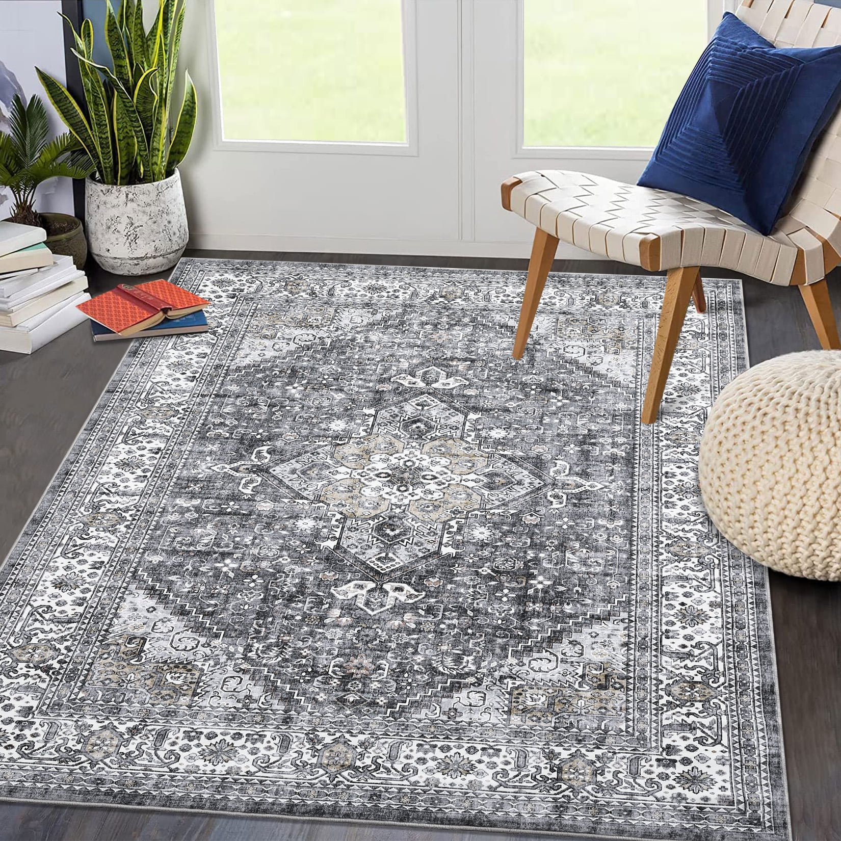 Gray 9' x 12' Washable Synthetic Medallion Area Rug