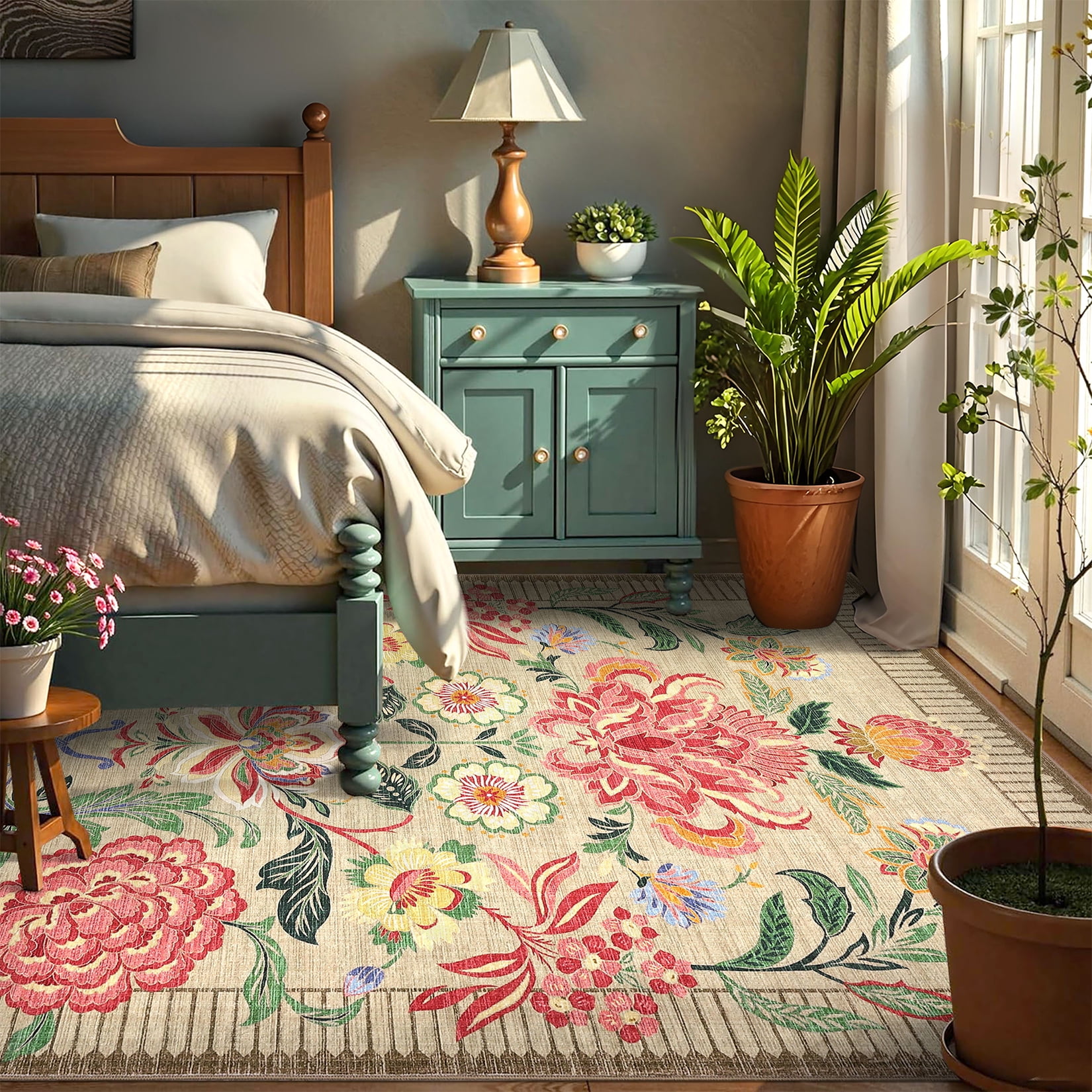 HOMERRY Large Modern 8' x 10' Area Rug for Living Room Washable Beige Floral Pattern Indoor Carpet