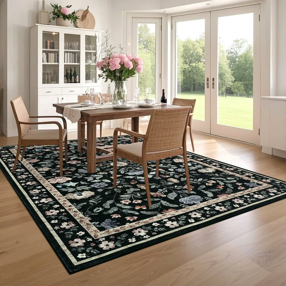 HOMERRY Large Modern 8' x 10' Area Rug for Living Room Washable Black Floral Pattern Indoor Carpet