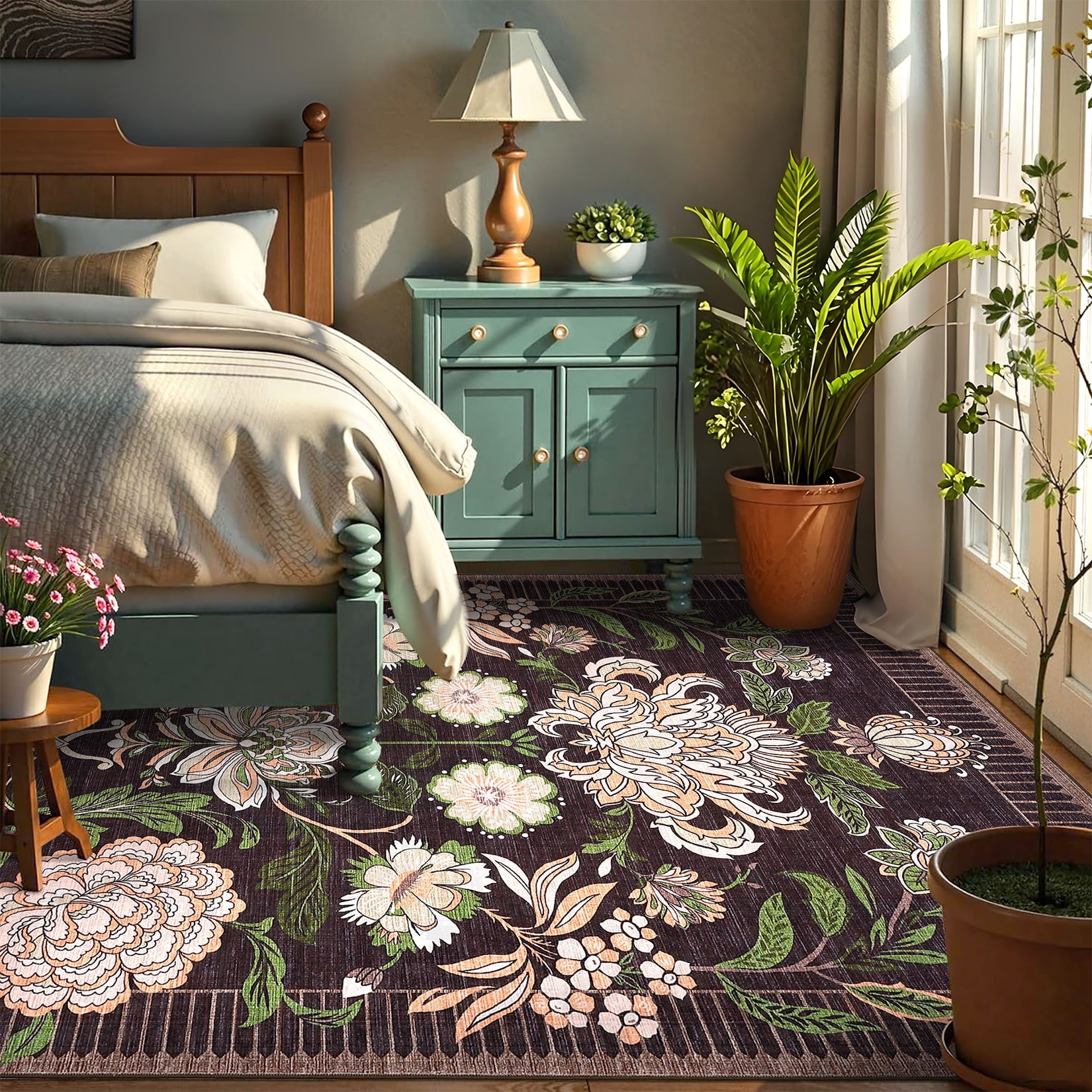 HOMERRY Large Modern 8' x 10' Area Rug for Living Room Washable Dark Purple Floral Pattern Indoor Carpet